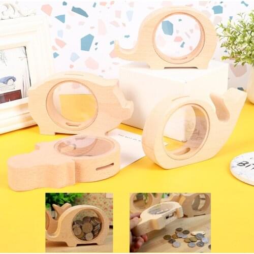 Wooden Money Box Cute Hippo Whale Elephants Animal Money Boxes Coin Piggy Bank Transparent Glass for Kids Children Gifts