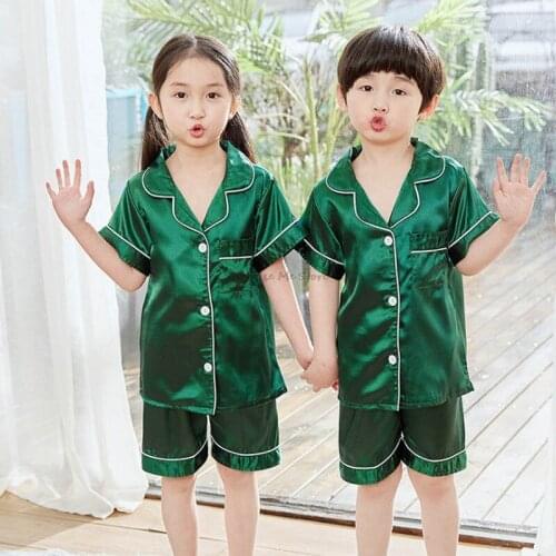 3-14 Year Kids Pyjamas Satin Silk Pajamas Children Baby Girl Boy Pajama Sets Summer Autumn Green Pijama Sleepwear Home Clothes