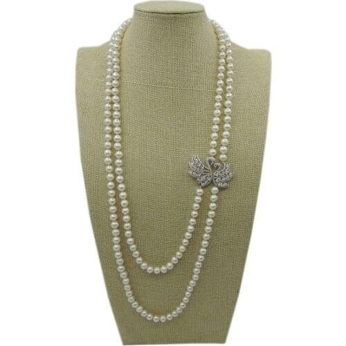 100% NATURE FRESHWATER ROUND PEARL LONG NECKLACE-high quality-swan decorated
