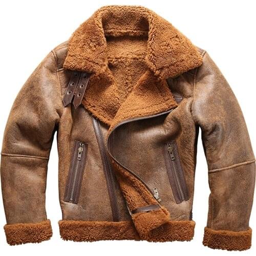 European Size High Quality Super Warm Man’s Genuine Sheep Big B3 Shearling Bomber Military Fur Male Jacket 8006