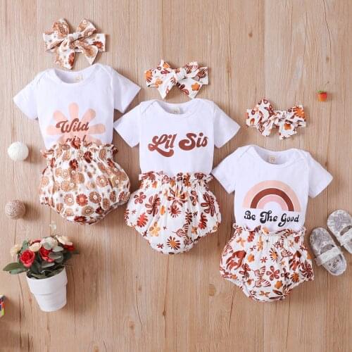 FOCUSNORM 0-18M Summer Baby Girls Boys Clothes Sets 3pcs Letter Rainbow Printed Romper Floral Shorts Headband