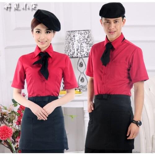 Hotel Work Clothing Set Unisex Short Sleeve Hotel Cafe Hot Pot Restaurant Black Cheap Staff Uniforms With Apron Free Shipping