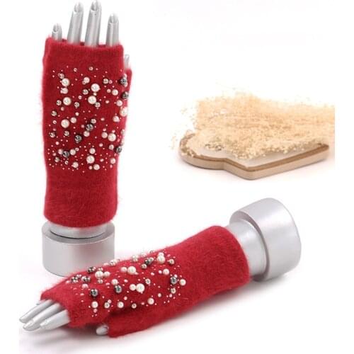 Fingerless Mitts Women Cashmere Gloves Wool Knitted Winter Warm Rabbit Fur Pearl Beaded Female Mittens Half Finger Luvas Guantes