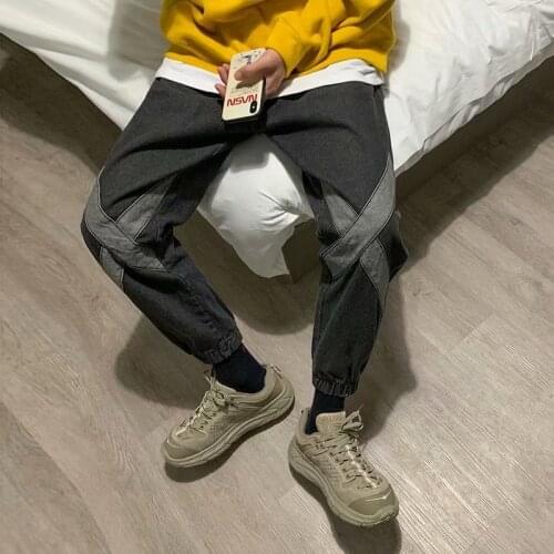 Mens Hip Hop Jeans Cargo Pants Straight Ankle Banded Pants Loose Korean Wide-Leg Capri Pants Ripped Jeans for Men Blue Jeans