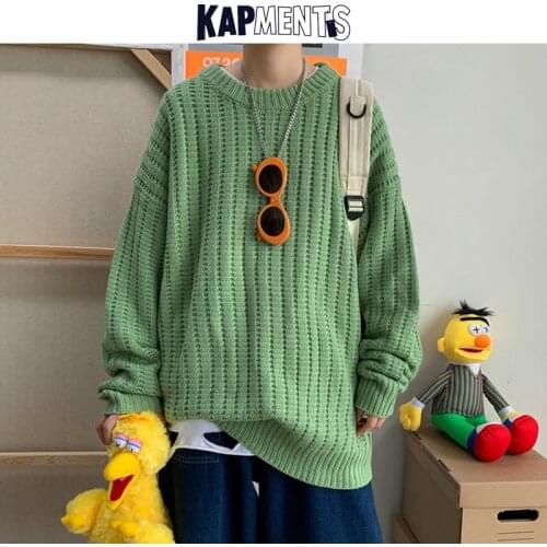 KAPMENTS Mens Japanese Streetwear Sweaters Pullovers 2020 Men Kpop Harajuku Knitted Sweater Male Solid Colorful Vintage Sweater