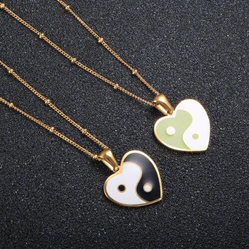 Black White Green Enamel Heart Pendant Necklace Yin Yang Beads Chain Gold Plated Necklace For Women Fashion Jewelry
