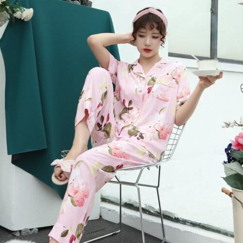 Spring Summer New Pajamas Womens Short Sleeve Trousers Nightwear Set Loose Cardigan Thin Home Wear Lapel Suit Sleepwear
