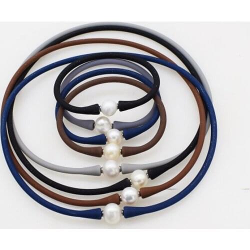 Freshwater pearl near round white 10-11mm and silicone necklace bracelet 40cm 19cm