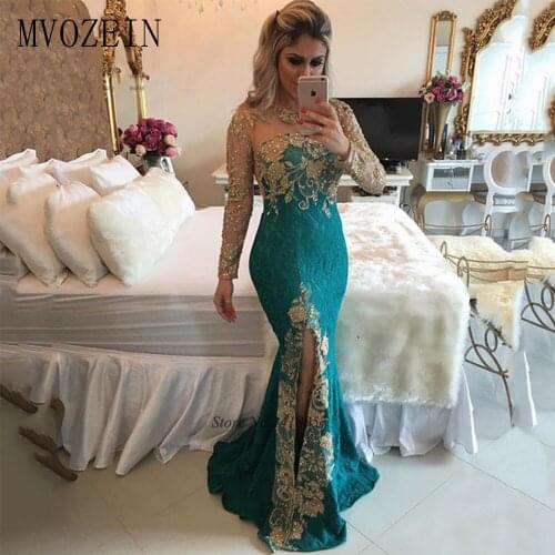 Sexy Formal Green Gold Lace Evening Dresses Long Sleeve Mermaid Prom Dress Beaded Special Occasion Gown Vestido de Festa Abiye