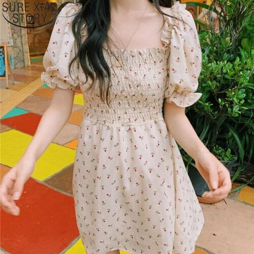Square Collar Chiffon Floral Dress Kawai A Line Vestido Boho Black Mini Vestidos Verano 2021 Korean Retro Cute Harajuku 14386