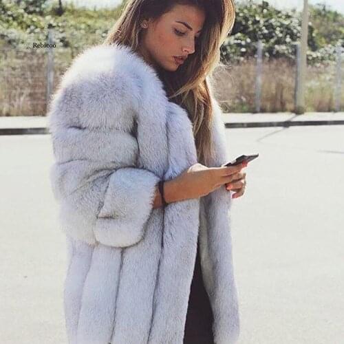 Faux Fox Fur Coat Rabbit Fur Fluffy Collar New Luxury Womens Warm Coat Winter Thick Long-Sleeved Clothes Plush Thick Outwear
