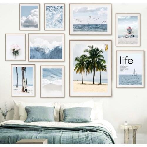 Blue Sea Bird Beach Surfboard Palm Tree Wall Art Canvas Painting Nordic Posters And Prints Wall Pictures For Living Room Decor