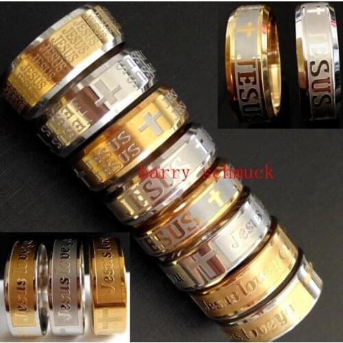 Top Mix 50PCS Wholesale Religious Jesus Rings GOLD/SILVER 8MM Comfort-fit Quality 316L Stainless Steel Cross Wedding Rings Gift