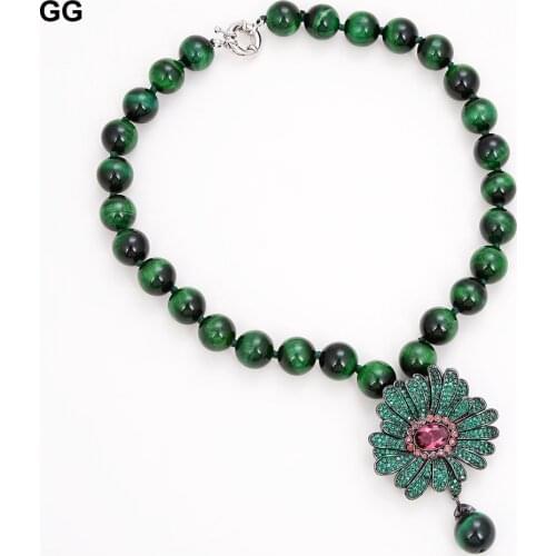 GG Jewelry 18" Round Green Tiger Eye Necklace CZ Pave Flower Pendant