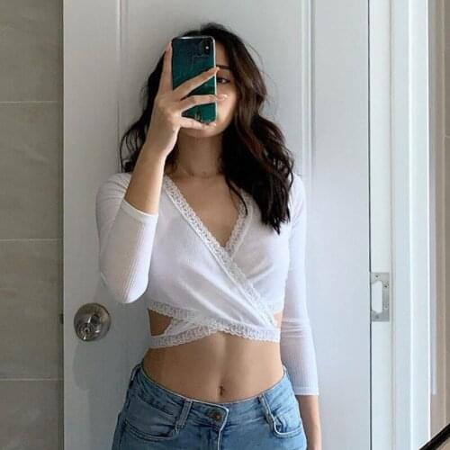 IMCUTE Womens Sexy Deep V-neck Lace Tie Long Sleeve T-shirt Autumn Sexy Navel Short Slim Top Street Casual Cardigan T-shirt /F