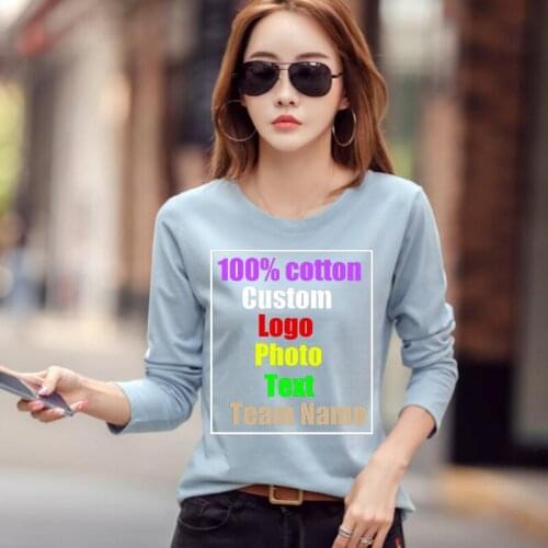 Autumn new Korean womens loose custom LOGO solid color cotton long-sleeved T-shirt ladies round neck shirt