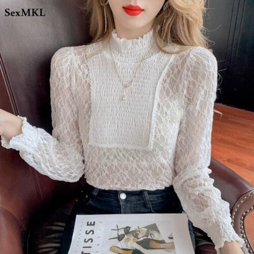 Sexy Long Sleeve Top Women 2021 Fashion Autumn Lace Hollow Out Ladies Blouses Black White Y2k Slim Corset Blouse Blusas Mujer