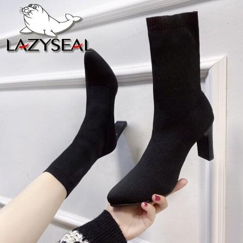 LazySeal 8cm Sock Boots Women Fashion 2020 Square Heel Shoes Sexy Fabric Ankle Booties Warm Heels Shoes Woman Ladies Party Boots