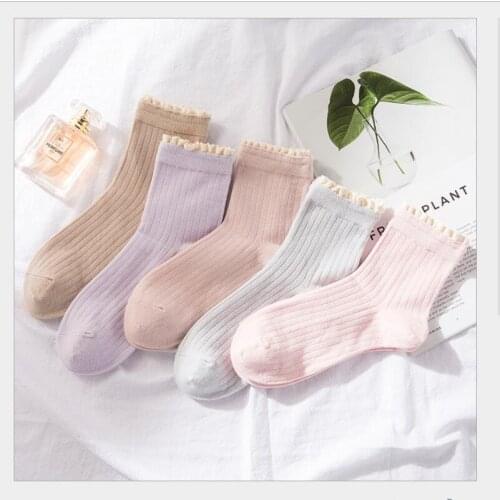 Women Solid Striped Cotton Ankle Socks with Lace Cuff Ladies Girls Candy Color Socks Female Short Socks 5 pairs/ lot AL179SC
