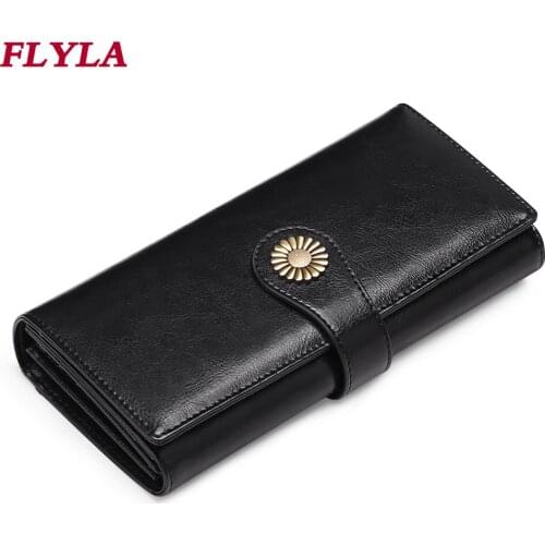 Womens leather wallet long section 2021 new retro oil wax leather wallet large capacity 3-fold wallet