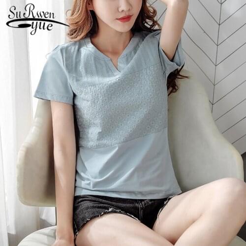 2021 New Fashion Tops Women Blouse Summer Short Sleeve Shirt V-neck Solid Cotton Floral Lace Blouses Feminine Plus Size 8587 50