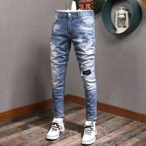 European American Street Fashion Men Jeans Retro Blue Elastic Slim Fit Ripped Jeans Men Paint Designer Hip Hop Denim Punk Pants