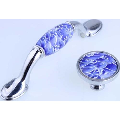 76mm white and blue porcelain furniture handles 3" blue ceramic dresser kitchen cabinet handle silver watch tv table drawer knob