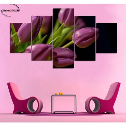 Purple Tulip Modular Picture Artwork for Wall Home Decor Living Room Bedroom Modern Poster Painting 5 Panel Canvas Art