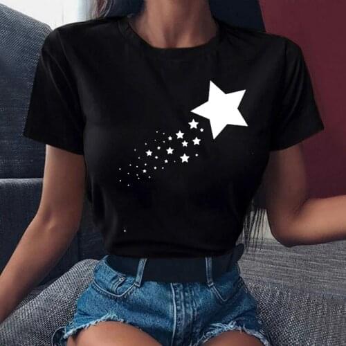FIXSYS Women Graphic Star Printed Black T-shirt Cute Summer Spring 90s Style Tshirts Casual Fashion Aesthetics Female Clothes