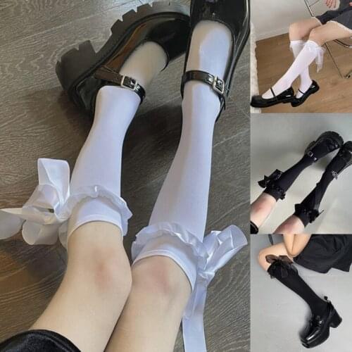 Women Harajuku Gothic Calf Socks Lolita Sweet Satin Long Ribbon Bowknot Kawaii Student Black White Knee High Stockings