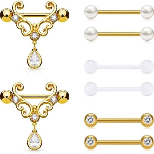 JFORYOU 4 Pairt Nipple Rings Heart Filigree with Tear Drop CZ Dangle Nipple Bars Barbells Rings - 14G 316L Stainless Steel Nippl