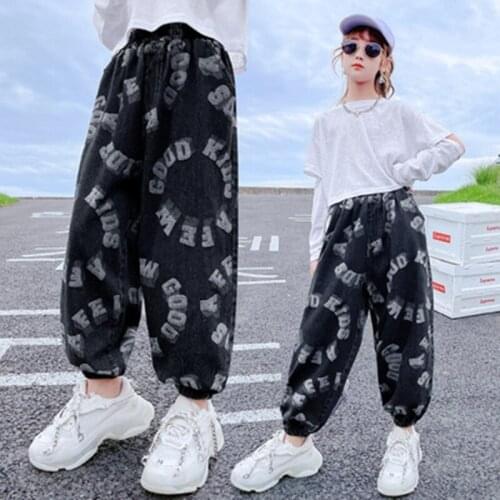 Fashion Boys Girls Denim Pants Loose Casual Style Jeans For Kids Solid Color Children Letter Jeans Teenage Autumn Sport Trousers