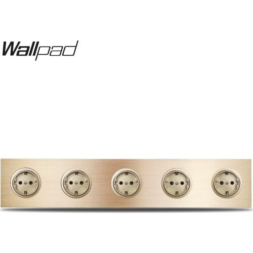 Wallpad L6 Gold Quintuple 5 Way Frame Schuko EU Electric Power Outlet Wall Socket Gold Brushed Aluminum Metal Panel, 344*86mm