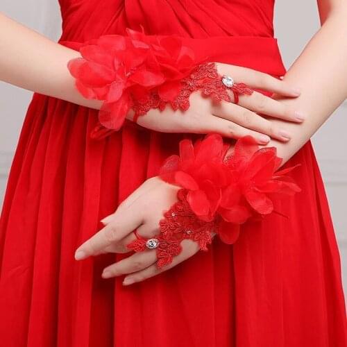 Bride Short Design Strap Bride Mitring Quality Rhinestone Car Lace Flower Decoration Wedding Gloves