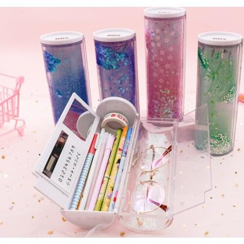 2020 New Novelty Multifunction Cylindrical Quicksand Translucent Pencil Box Case School Stationery Pen Holder Storge Gift Supply
