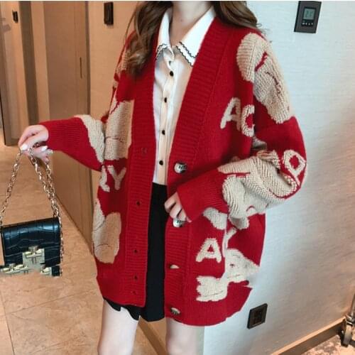 New Korean Autumn Loose Cardigan Tops Vintage Preppy Style Jacquard Knitwear Womens V-Neck Single-breasted Knitted Sweater Coats