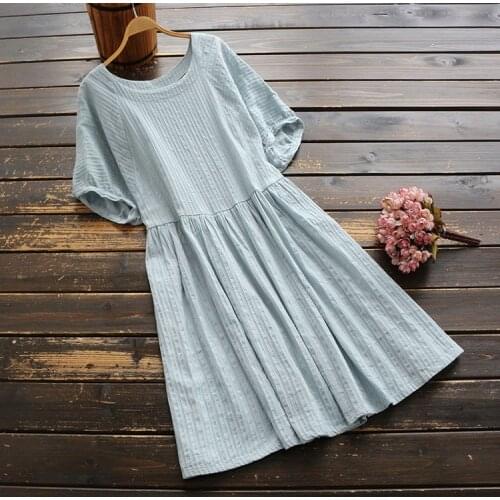 6504 summer women literary simple solid color O-Neck short sleeve dress mori girl cotton loose casual midi dresses women