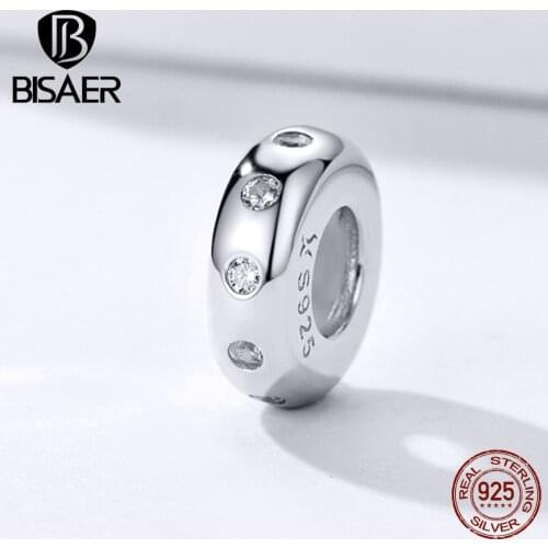 BISAER 100% 925 Sterling Silver Round Beads Spacer Cubic Zircon Circle Charms fit Silver Charms Bracelets DIY Jewelry ECC1171