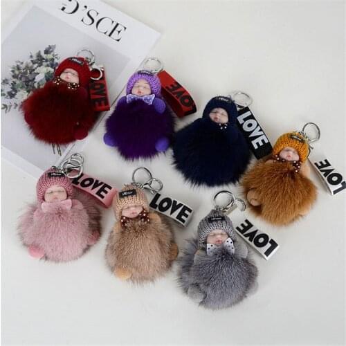 Fox Fur Ball Sleeping Baby Doll Keychain Pompom Car Keyring Baby Key Chain Women Key Holder Bag Pendant Jewelry