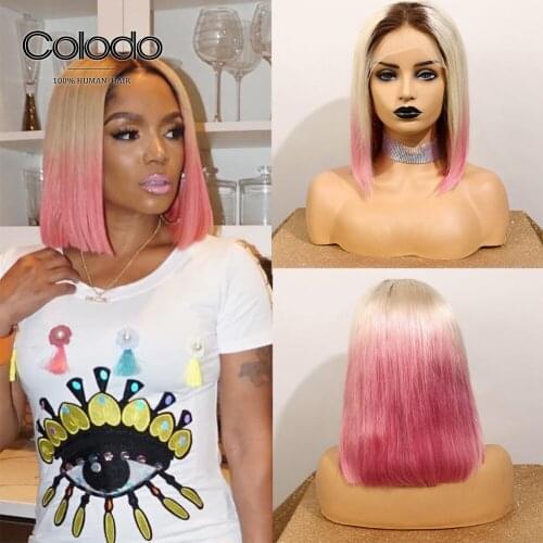 Pre Plucked Pink Ombre Human Hair Wig Brazilian Remy Purple Bob Wig Lace Front Human Hair Wigs with Baby Hair COLODO
