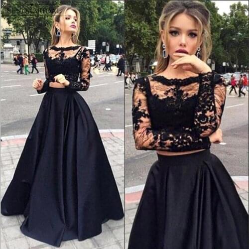 Sexy Black 2 Piece Prom Dresses 2018 Vestido De Festa Formal Long Sleeve Evening Dress Lace Sheer Feestjurken
