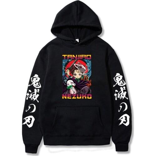 Anime Demon Slayer Kamado Tanjirou Kamado Nezuko Harajuku Aesthetics Cartoon Couple Hoodies Oversized Winter Black Sweatshirts