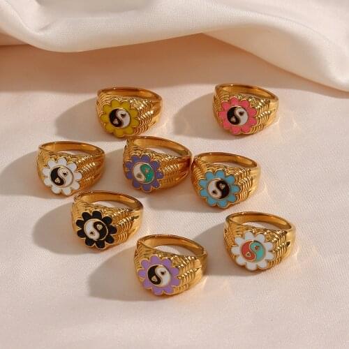 Water-resistant Stainless Steel Gold Plated Colorful Enamel Yingyang Flower Rings For Girl Chunky Gold Ring Pink Blue Green Ring