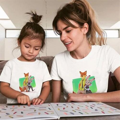 Zootopi Judy And Nick Print Family Matching Clothes Summer White Mommy And Me Tshirt Harajuku Baby Kids T-shirts Streetwear