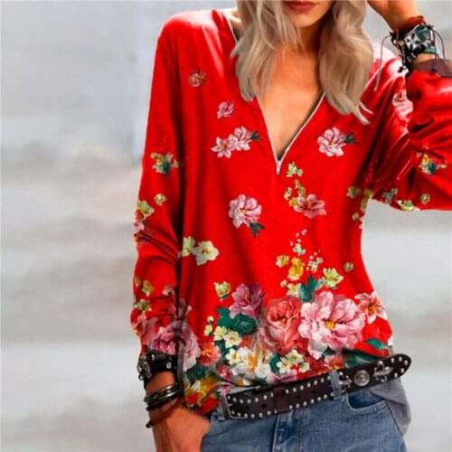 2021 New Tees Women Floral Printed Long Sleeve Tops Female Zipper V Neck T-shirts Spring Summer Pullover Top Lady Casual Clothes