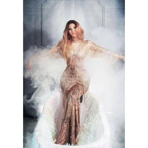 Stage Costume Women Singer Evening Performance Tassel Long Dress Festival Clothing Rhinestones Fringes Celebrity Dresses