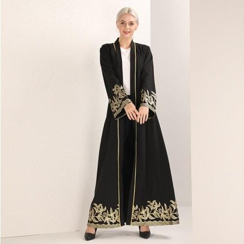 2019 Hot Fashion Digital Printing Black Gowns Solid Color Polyester Abaya Dress Novelty Clothing Long Sleeve Flower Printing