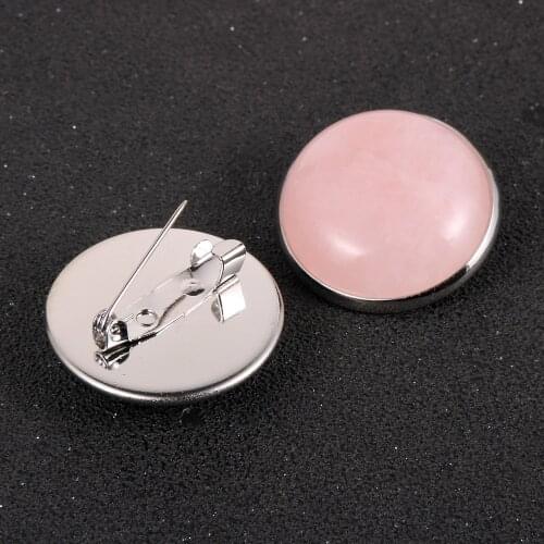 25mm Big Round Natural Stone Brooch Clip Women Bag Clothes Lapel Silver Color Locking Clasp Pin Holder Jewelry Accessories