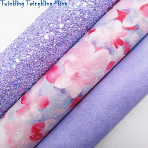 Purple Glitter Fabric, Flowers Printed Faux Fabric, Synthetic Leather Fabric Sheets For Bow A4 21x29CM Twinkling Ming XM706