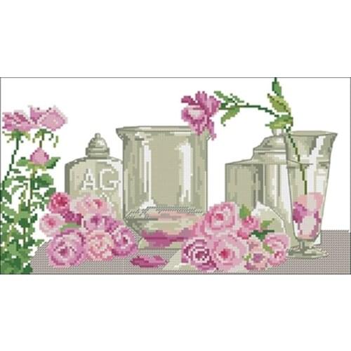 Pink rose and glass vase patterns Counted Cross Stitch 11CT 14CT 18CT DIY Chinese Cross Stitch Kits Embroidery Needlework Sets